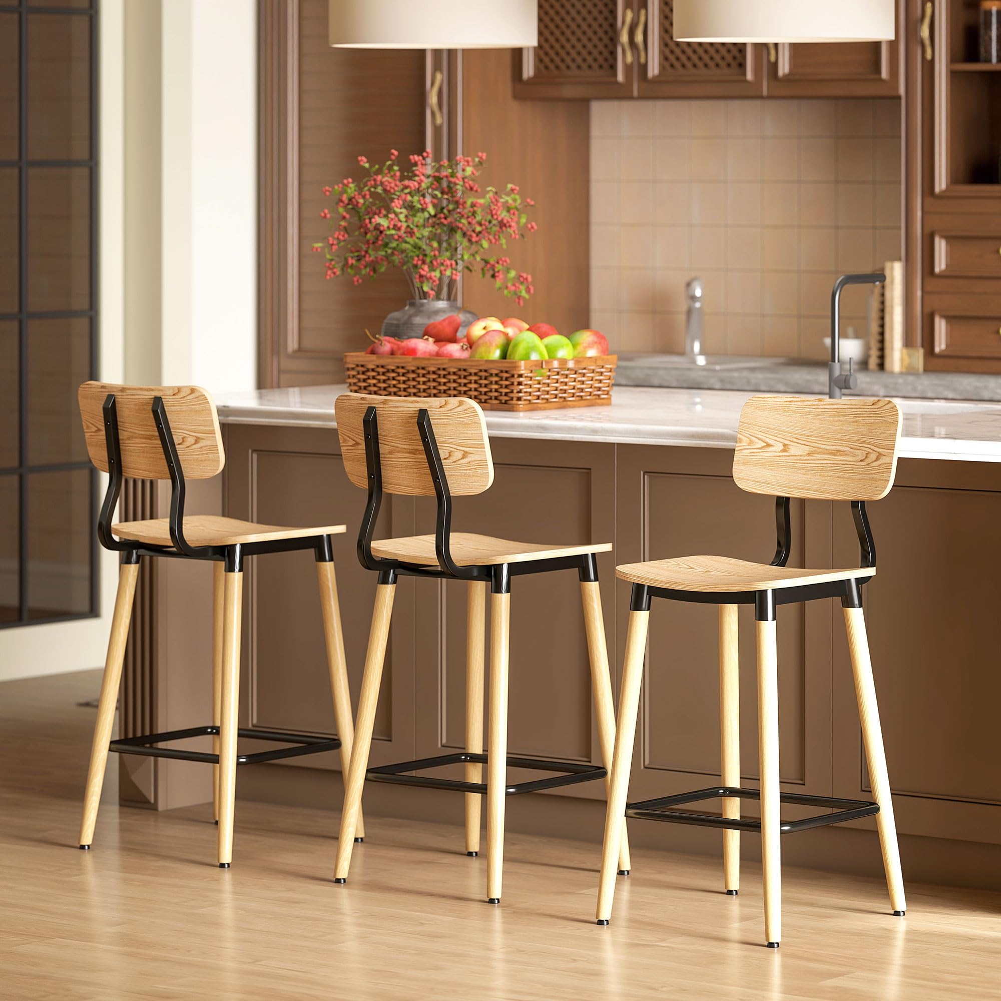 HOMCOM Barhocker 2er Set Barstuhl Tresenhocker mit Rückenlehne und Fußstütze, Küchenstühle mit Stahlbeine für Küche, Wohnzimmer, Esszimmer Natur