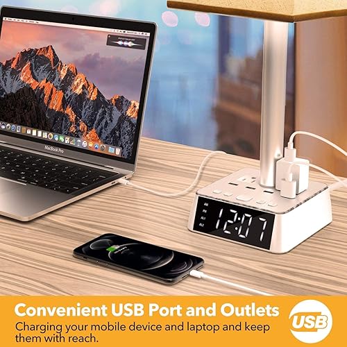 Miniatura 7 de Yostyle Lámpara de mesa con 4 puertos USB y tomas de corriente alterna, base de reloj despertador con cable de extensión de 5 pies, pantalla