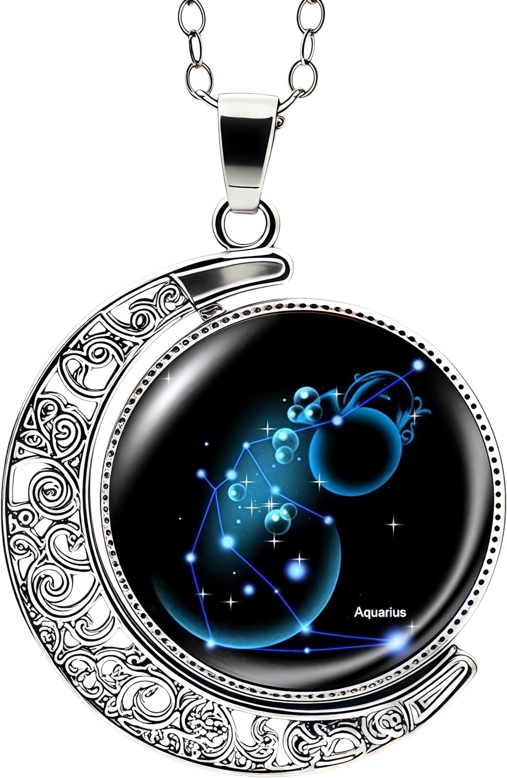 Zodiac Necklace for Women Men Birthday Gifts, Fidget Rotating Moon Cabochon Pendant, Hypoallergenic 20โ Stainless Steel Chain, Gothic Witchy Jewelry
