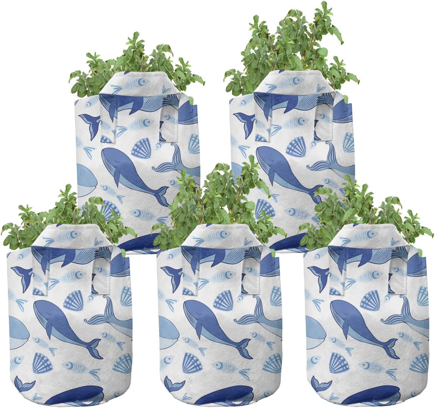 Lunarable Whale Grow Bags 5-Pack, Happy Underwater World, Heavyduty Fabric Pots with Handles for Plants, Pale Blue Navy Blue