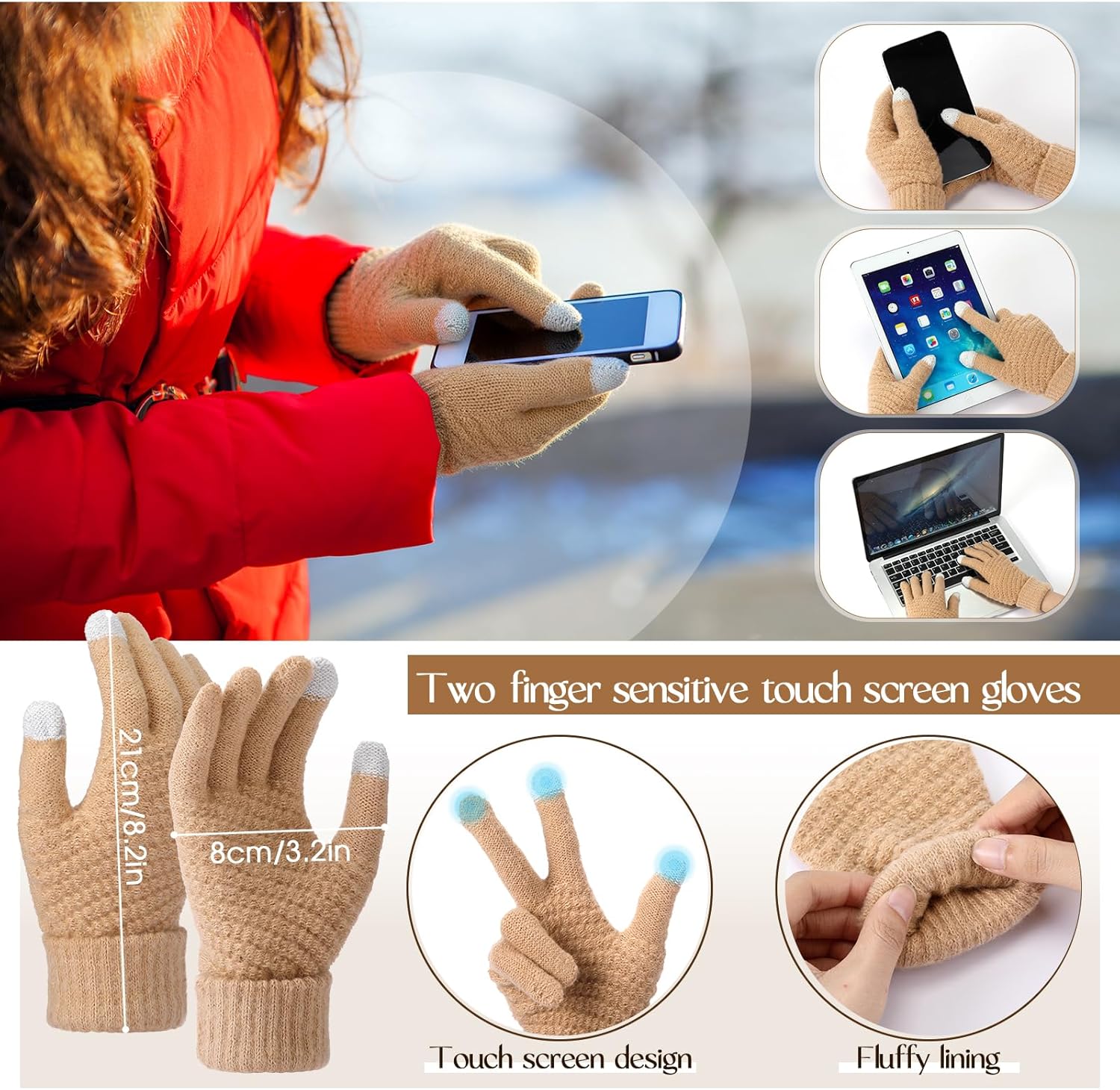 3 pcs Hat Scarf Gloves Set for women winter Hat long plaid scarf touchscreen gloves combination warm sets for gift(Khaki) - Image 3