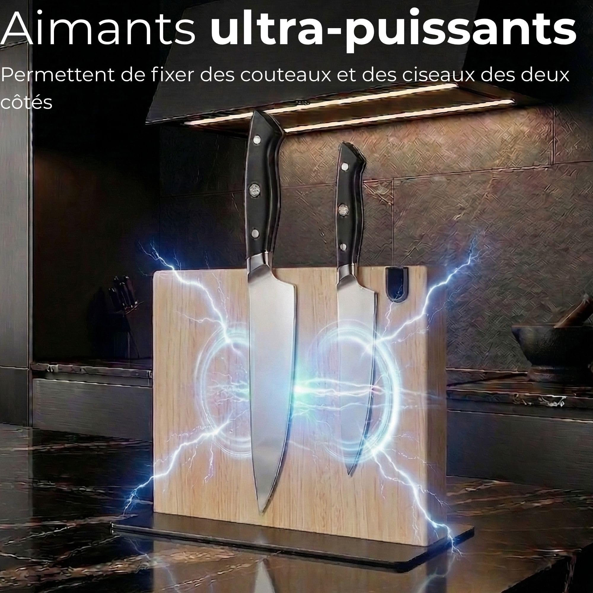 Porte Couteaux Magnétique Cuisine XL avec Aiguiseur Support Magnétique Couteaux Cuisine fabriqué en Bois Massif Bloc Couteaux Magnétique Rangement Couteaux Cuisine Robuste et Élégant (Chêne)
