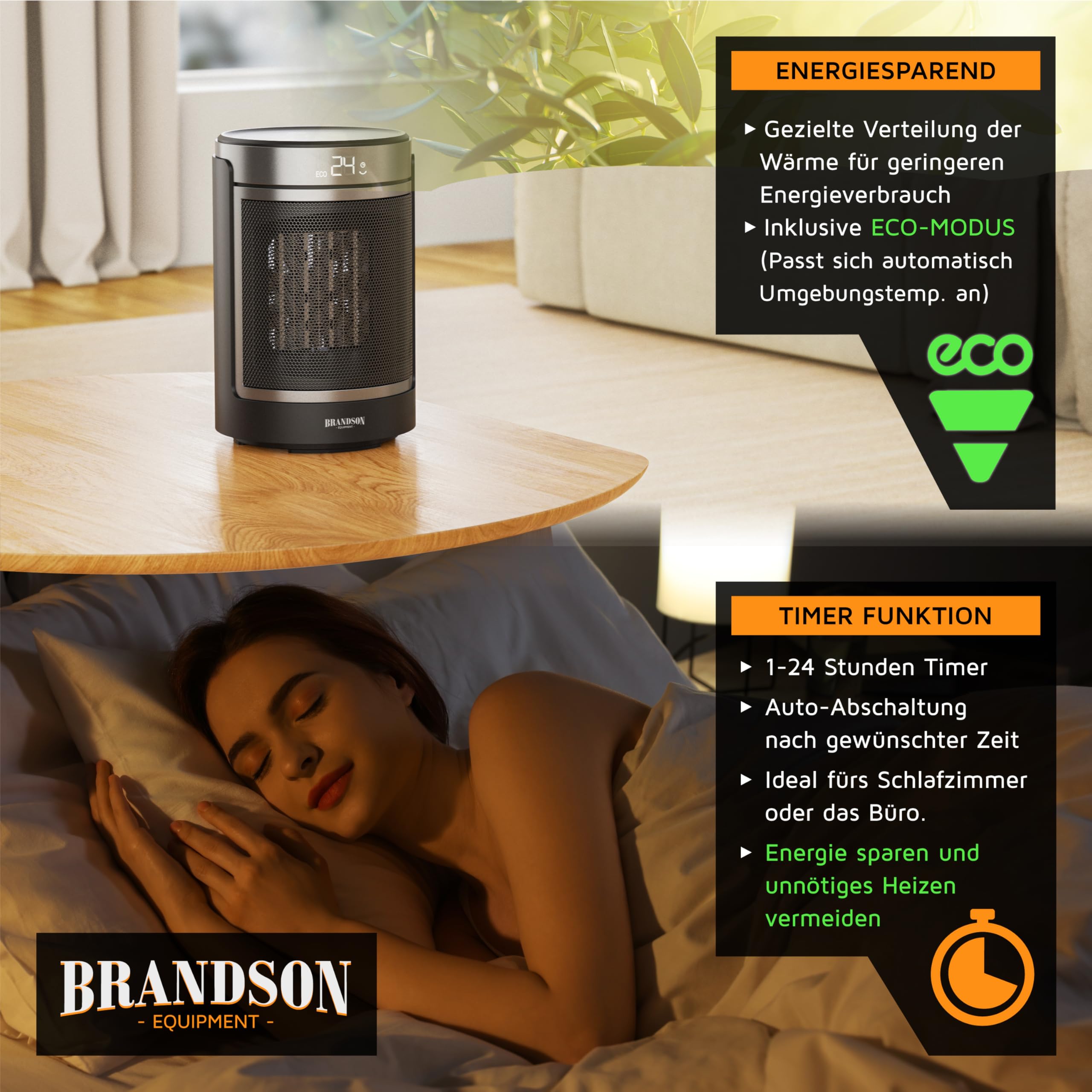 Brandson - Heizlüfter mit Fernbedienung - ECO Modus für energiesparenden Betrieb – Oszillation 50° - 2 Heizstufen - Überhitzungs- und Umkippschutz
