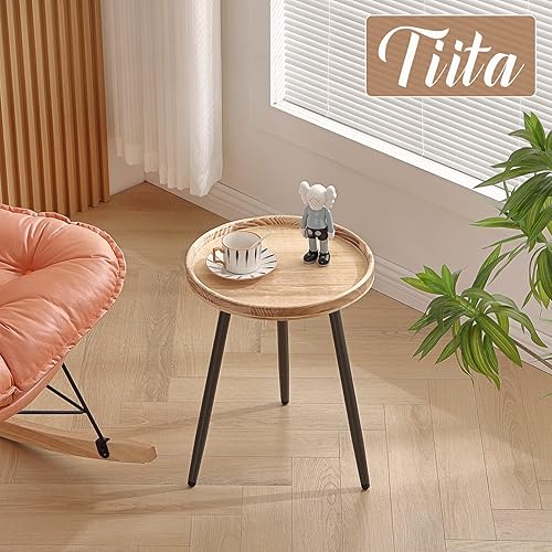 Miniatura 7 de Tiita Mesa auxiliar redonda mental, mesita de noche, mesas pequeñas de madera, mesa de centro con bandeja de madera para sala de estar, dormitorio,