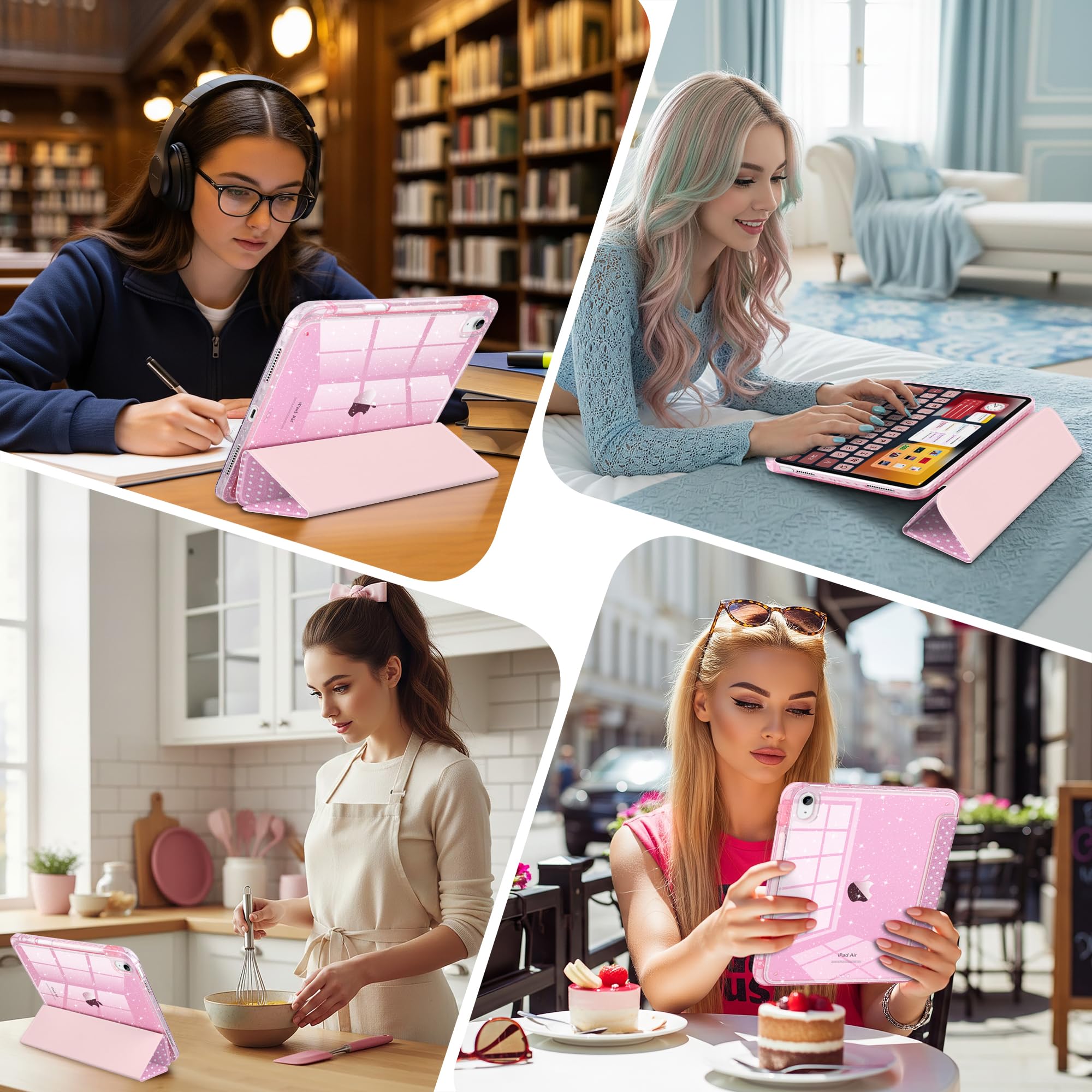 MEEgoodo Custodia per iPad Air 13" 2026 (M4) / 2025 (M3) / 2024 (M2), custodie per tablet glitterate con retro in acrilico trasparente + supporto a tre pieghe + portapenne, accensione e spegnimento