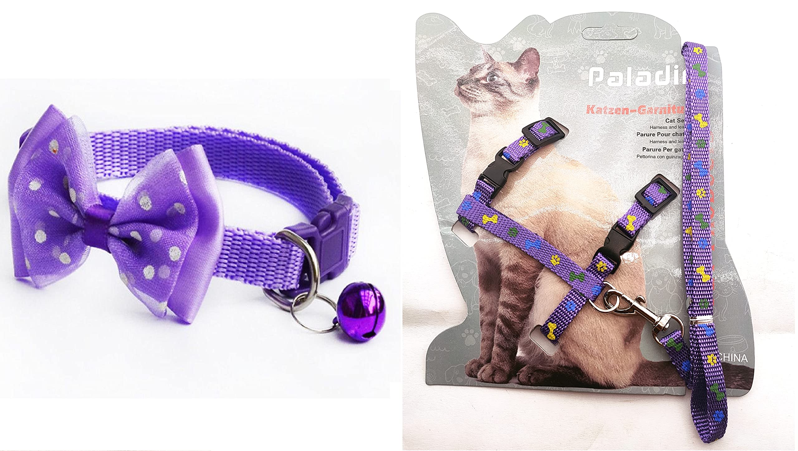 Pups&Pets Cat Collars with Bow Tie and Bell 1Pc Cat Body Paw n Bone Print Harness Leash Nylon Set 10mm Adjustable Puppy Kitten Pack of 2 (Purple Color) (B0BCVGWVHW) Amazon Price History, Amazon Price Tracker
