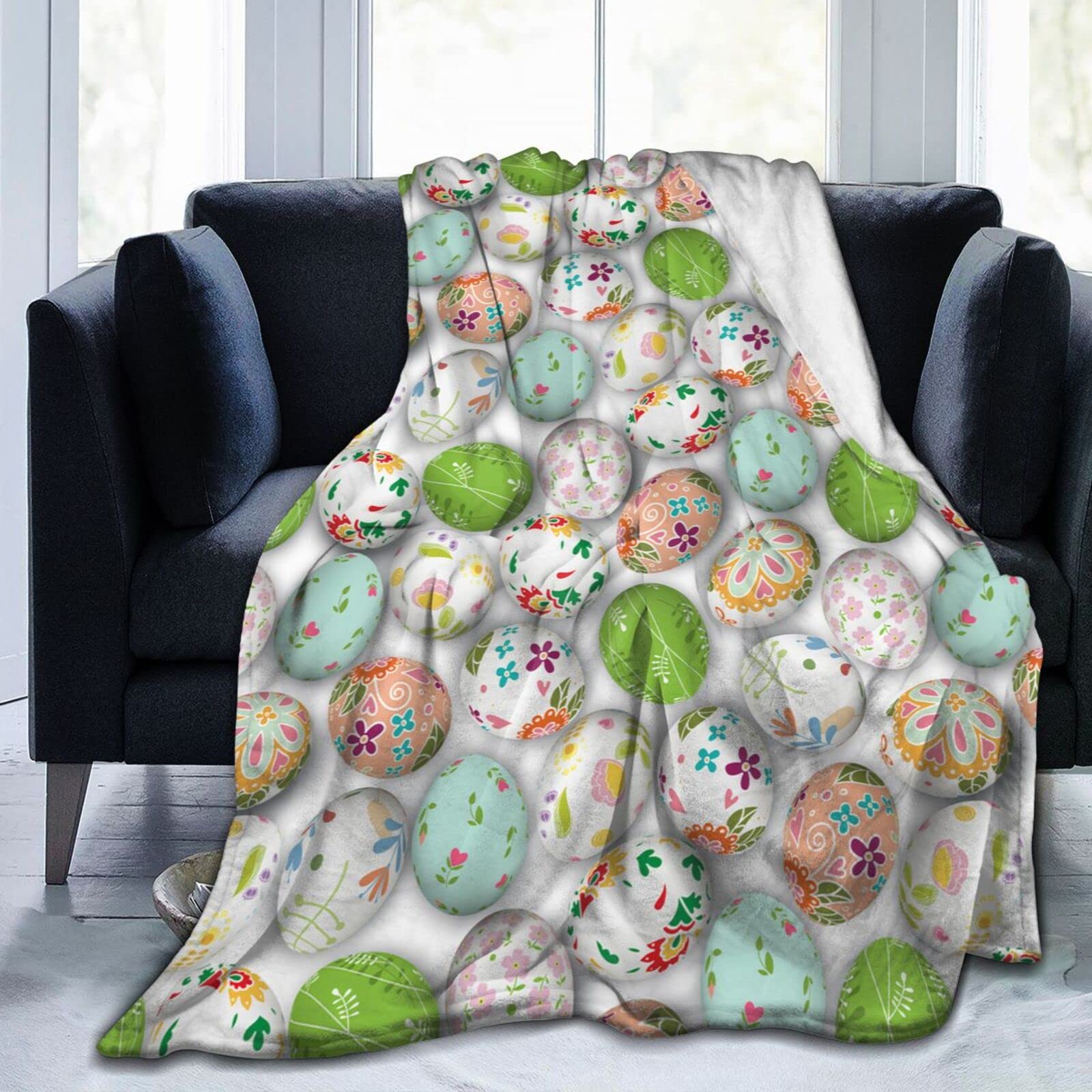 Lsjuee Easter Eggs Throw Blanket Warm Cozy Lightweight Blankets Easter Gift Soft Flannel Blanket for Sofa Couch Bed Office Holiday Decorative 60"X50"