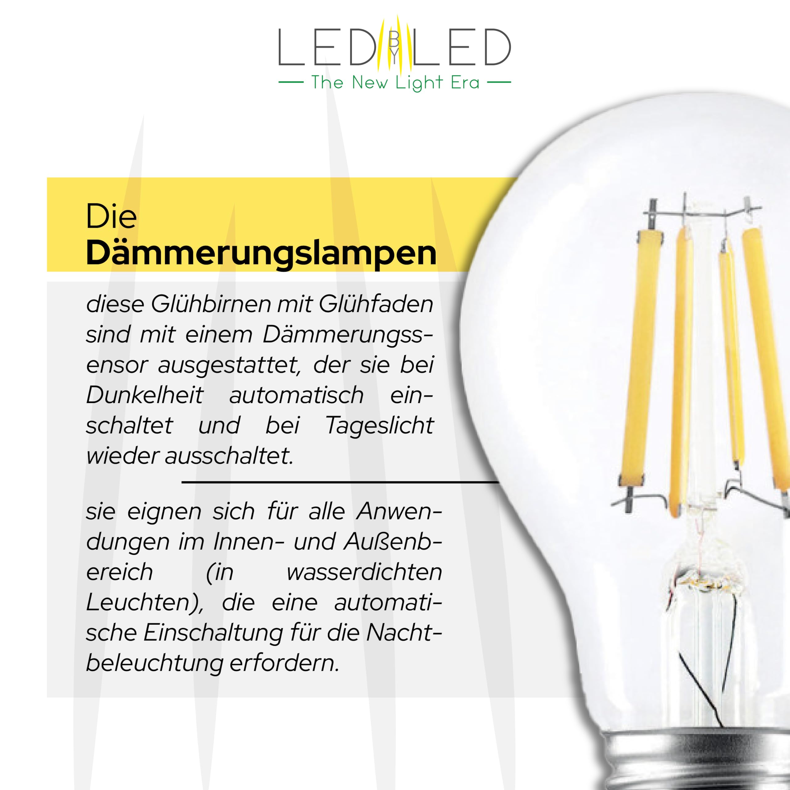 Smart Goccia A60 7W Glühbirne, E27, transparentes Glas, Dämmerungssensor, 2700K warmes Licht, gerader LED-Glühfaden, 806 Lumen, 10er-Pack