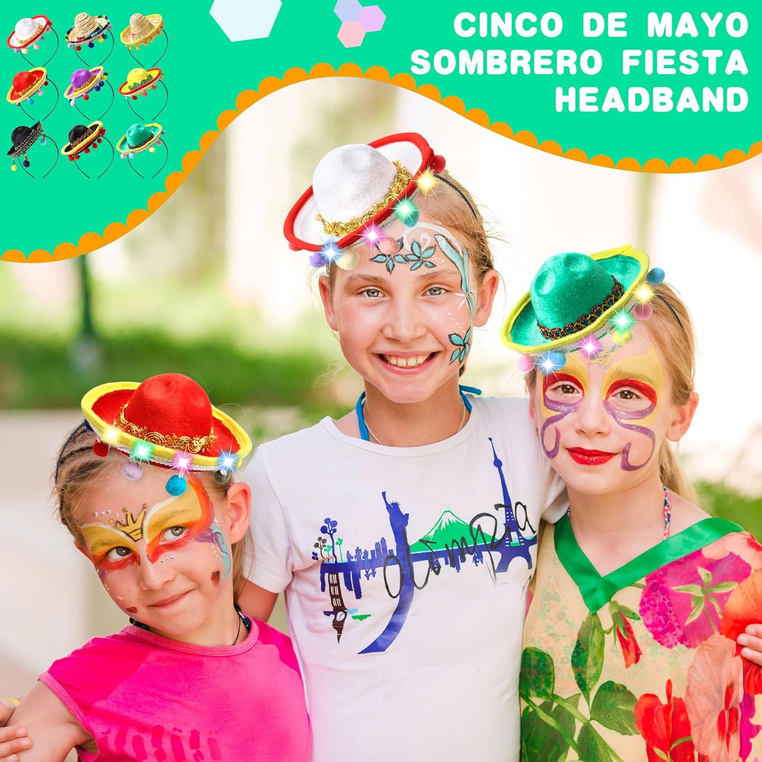 9 Pcs Light up Cinco De Mayo Fiesta Headbands Led Mexican Sombrero Headbands Small Sombrero Fabric Headbands with Lights for Luau Event Photo Props Mexican Party Favors Decos