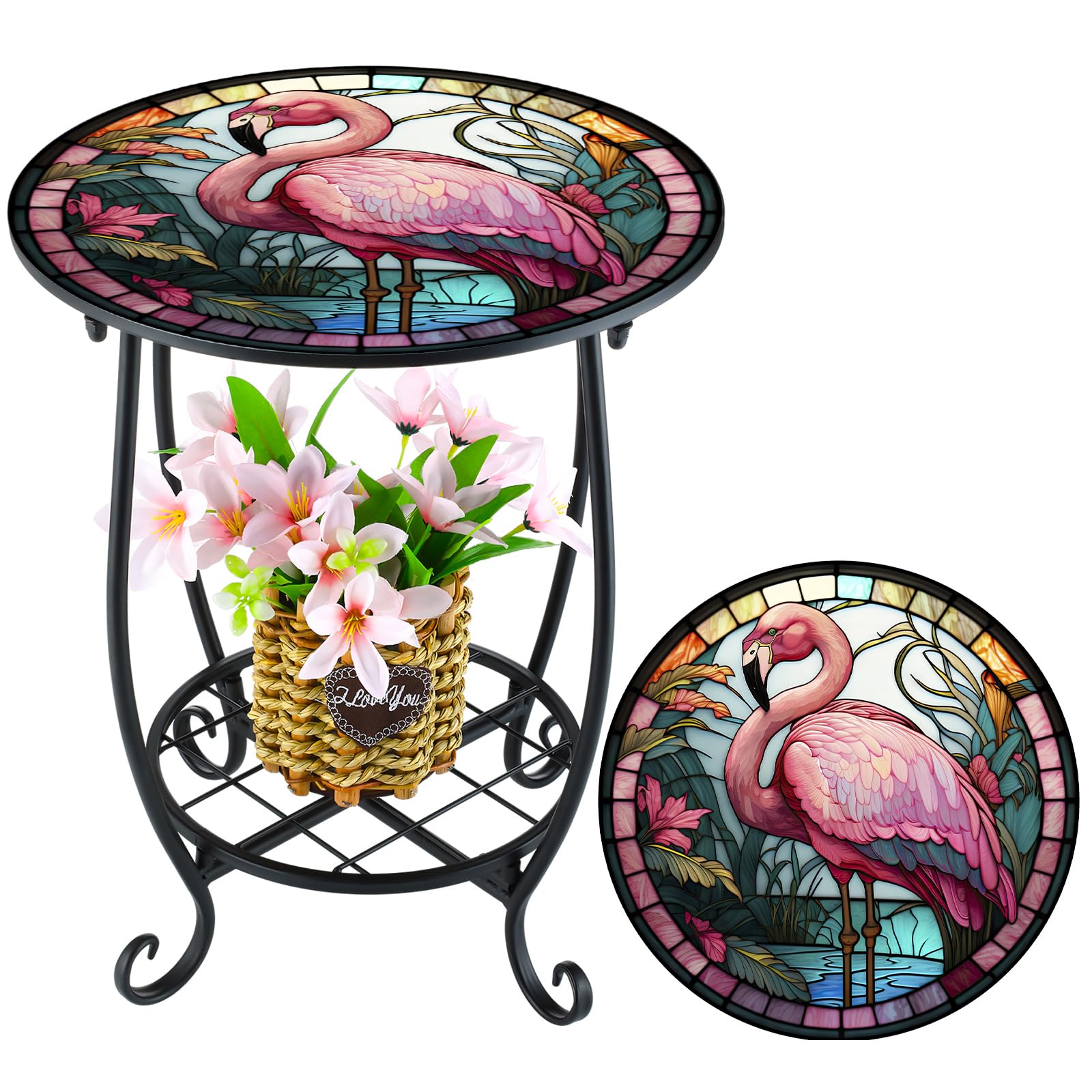 Cinnvoice Outdoor Side Table Round Small Mosaic Patio Accent Indoor End Plant Coffee Tea Table for Yard Patio Porch Garden Living Room, Bedroom(Flamingo Style,12 Inch)
