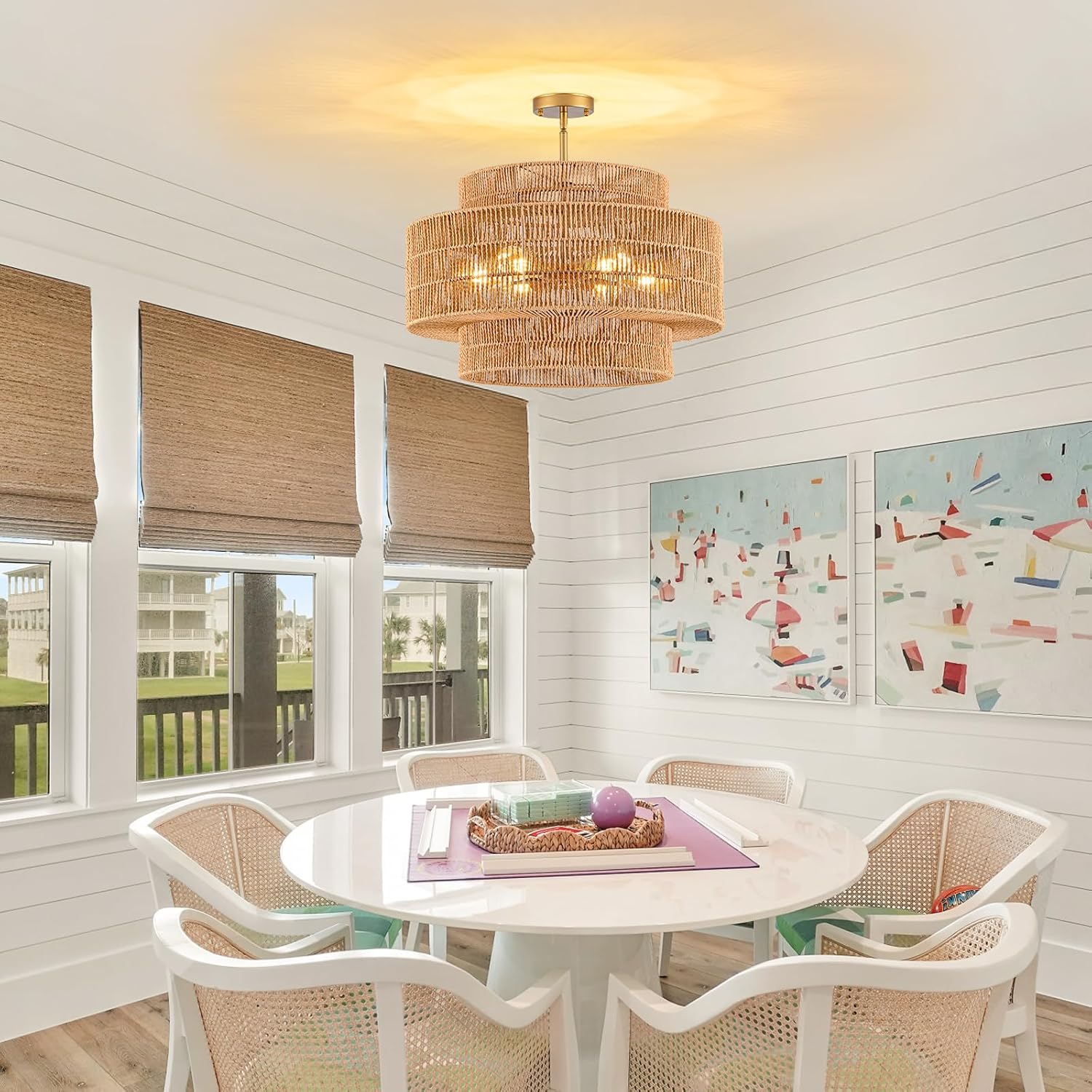 23.6" Rattan Light Fixtures Ceiling Mount, 6-Light Boho Flush Mount Ceiling Light with 3-Tier Hand-Woven Drum Shade, Rustic Rattan Chandelier for Dining Room Living Room Kitchen Island Farmhouse Foyer