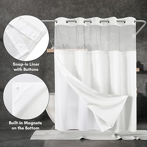 Miniatura 4 de Americanflat Cortina de ducha sin ganchos, 72 x 75 pulgadas, cortina de ducha larga resistente al agua con panel transparente, forro a presión y