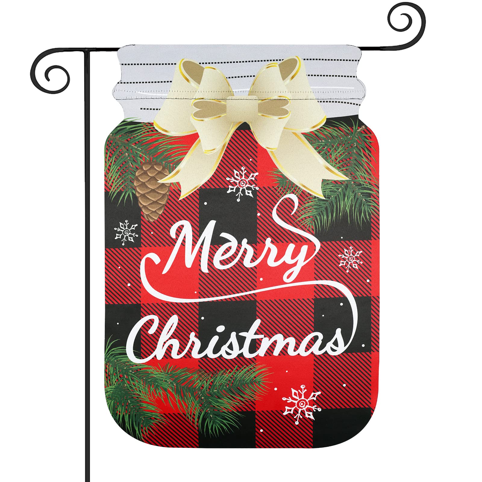 3D Mason Jar Christmas Garden Flag, YEAHOME Vertical Double Sided 12.5x18 Inch Bow Applique Yard Flag, Outdoor Christmas Decorations, Buffalo Plaid Farmhouse Christmas Decor