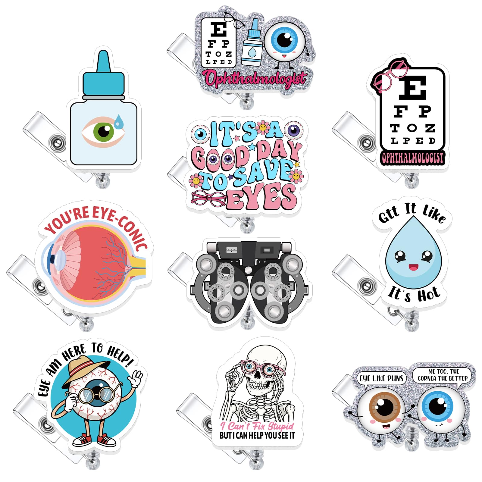 Landical 10 Pcs Optometry Badge Reel Funny Optometrist Badge Clip Holder Retractable Name Card Holder Eye Doctor Ophthalmology Gifts for Medical Md Rn Nurse Office