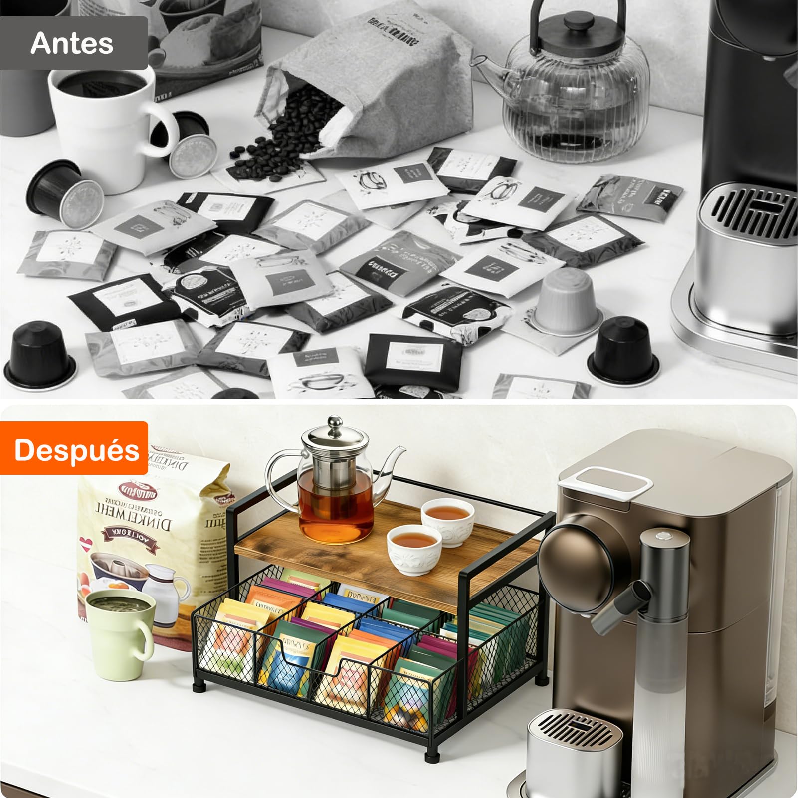 Caja de Té Infusiones con 8 Compartimentos, Organizador de Té de Madera y Metal con Cajón, Caja de Almacenamiento Elegante para Té, Café, Especias, Encimera de Cocina, Porta Accesorios de Té
