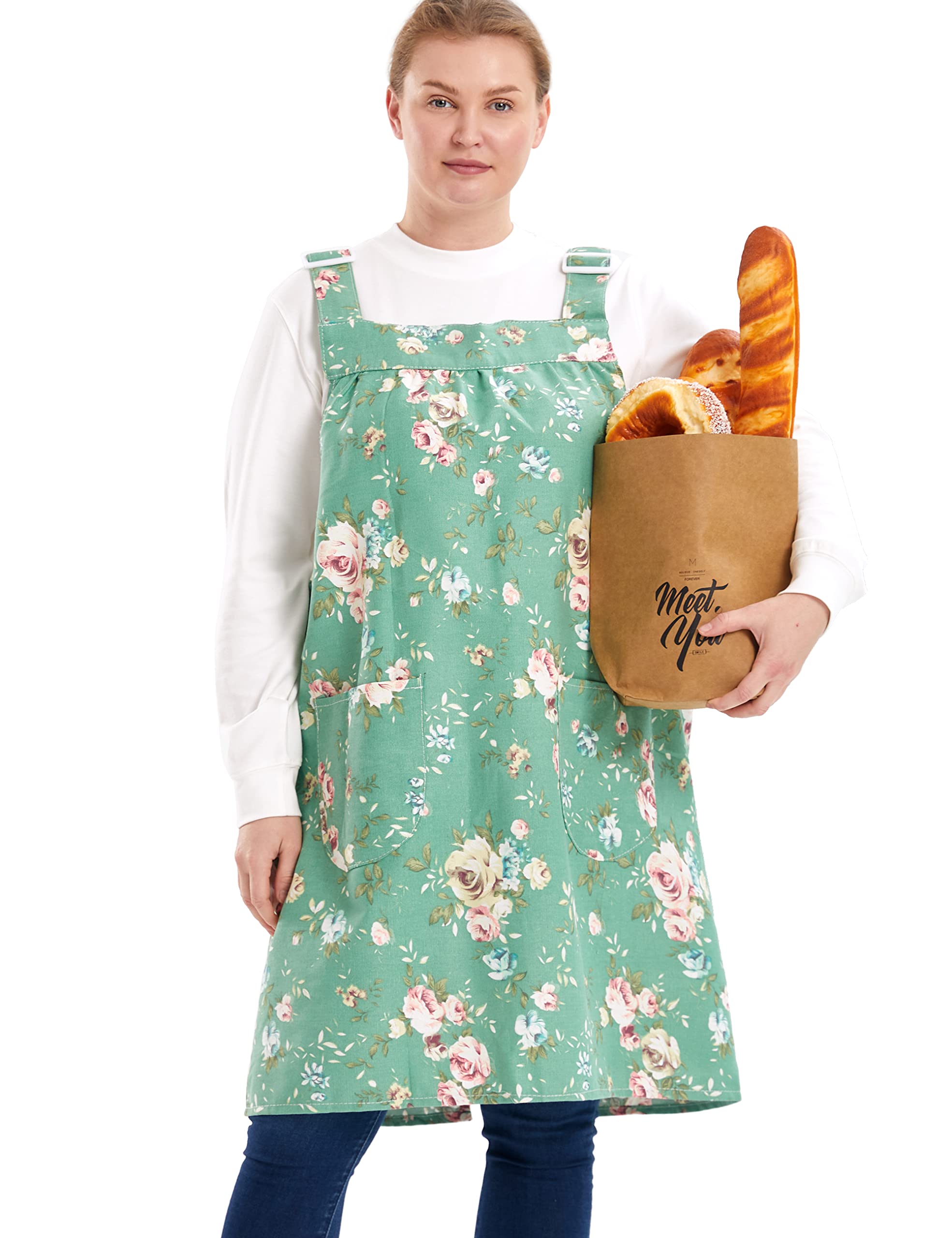 Apronner Unisex Rose Flowerss No Ties Plus Size Aprons For Women With Pockets Cotton Linen Baking Kitchen Cooking, Xxxl