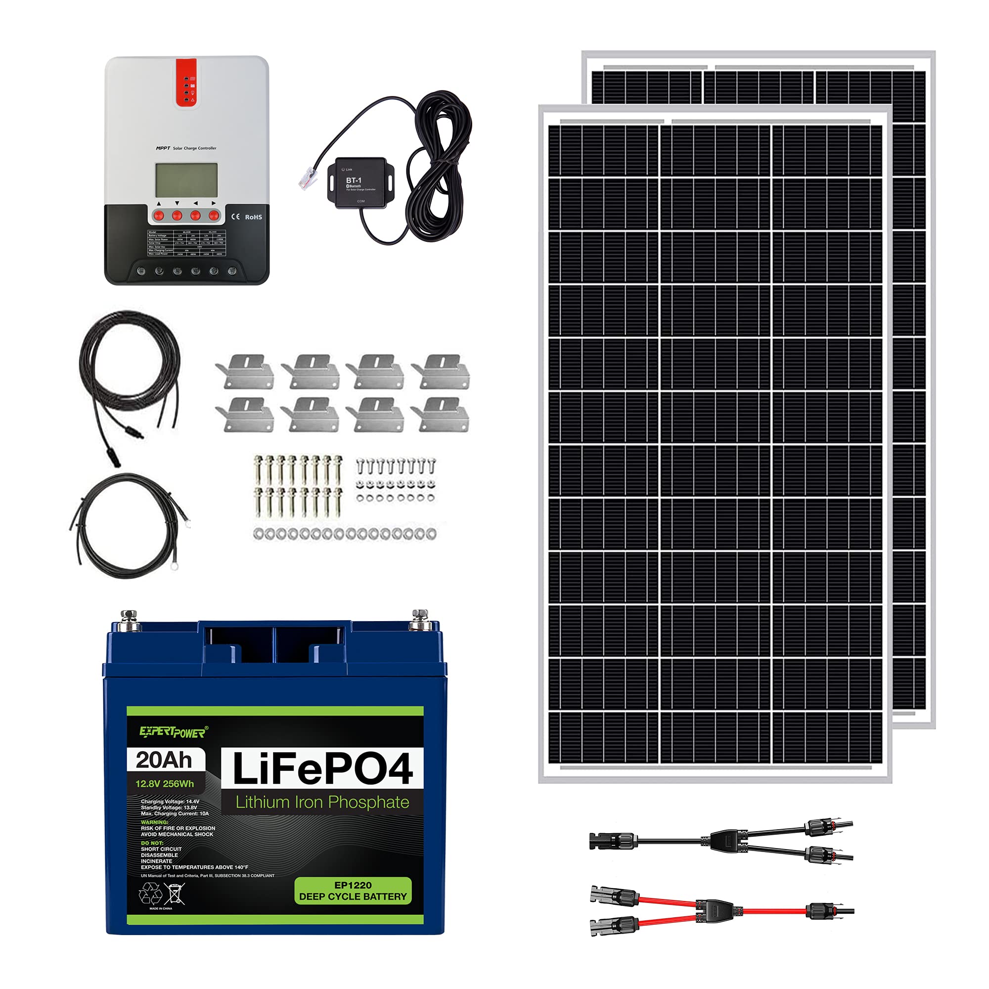ExpertPower 200W 12V Solar Power Kit | 12V 20Ah LiFePO4 Lithium Battery | 200W Mono Rigid Solar Pane