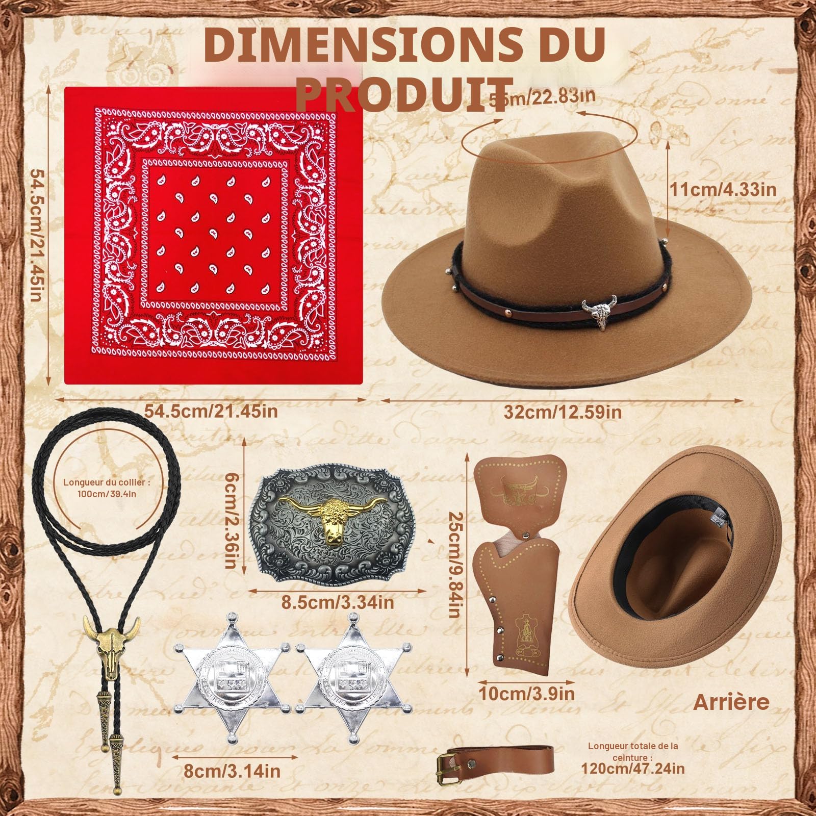 8 Pièces Cowboy Costume Accessoires Set, Marron Cowboy Fancy Dress Kit avec Chapeau Bandana Insigne Ceinture Collier Vintage pour Adulte Hippie Carnaval Cosplay (Marron)