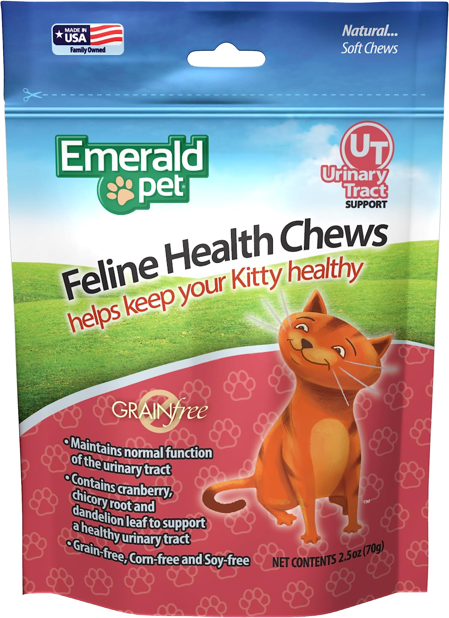 Emerald Pet Feline Health Chews UT Support — Natural Grain Free Urinary Tract Health Cat Chews — Cat Urinary Supplements with Cranberry, Chicory Root, and Dandelion Leaf Extract — Made in USA, 2.5 oz
