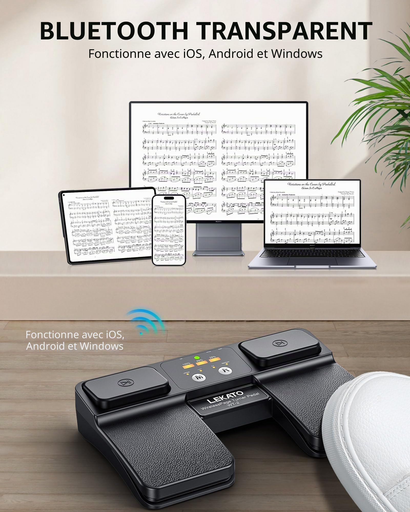 LEKATO Pédale Bluetooth sans fil, contrôle de piste/affichage de batterie, pédale rechargeable pour partitions, téléphone, tablette, iPad, performance en direct (WT-2)