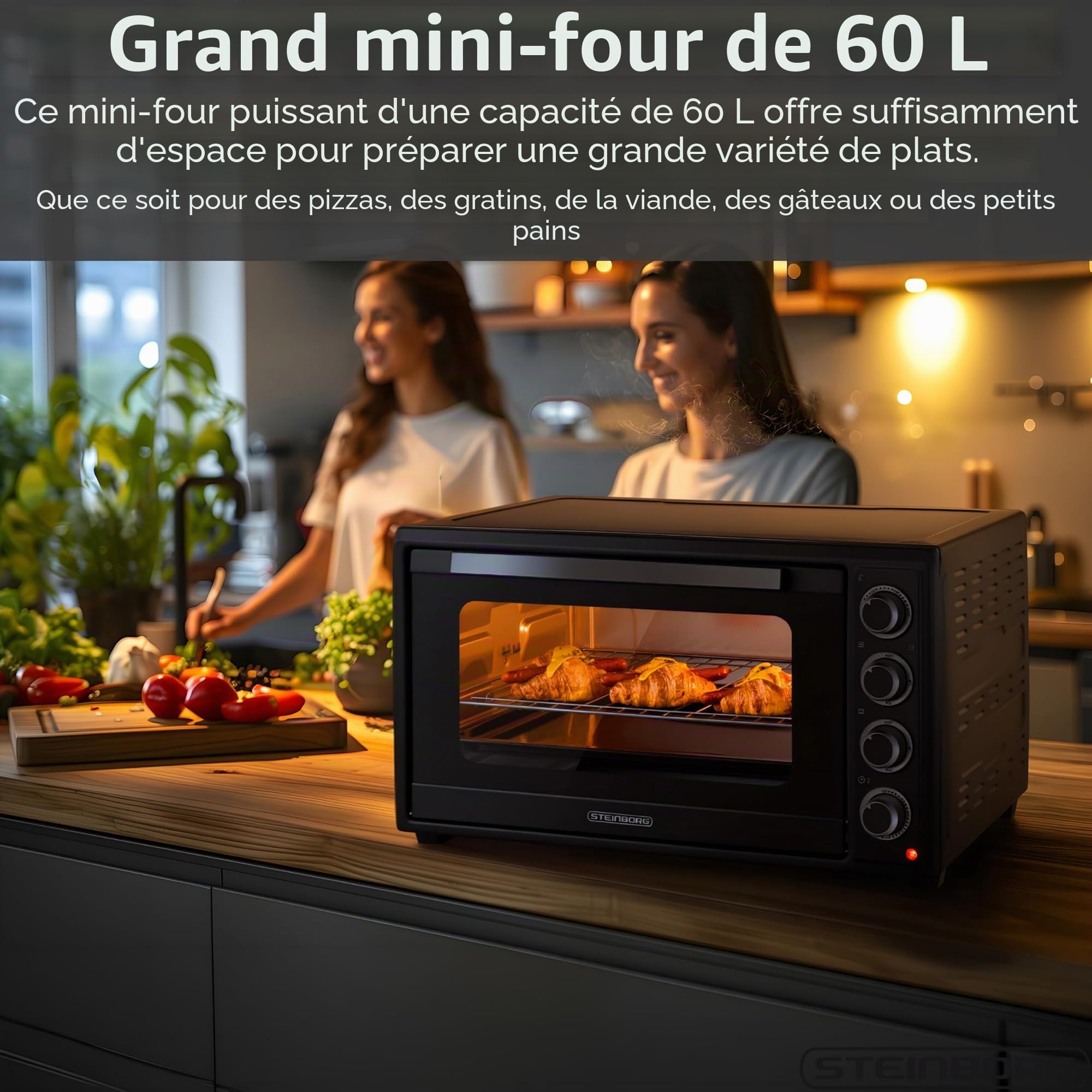 Steinborg® Mini four à pizza 3 en 1 3 en 1 avec chaleur tournante et tournebroche, 2000 W, taille XXL, 100 à 230 °C, minuterie 60 min, chaleur de voûte/sole et convection, four à pizza 3 en 1, avec