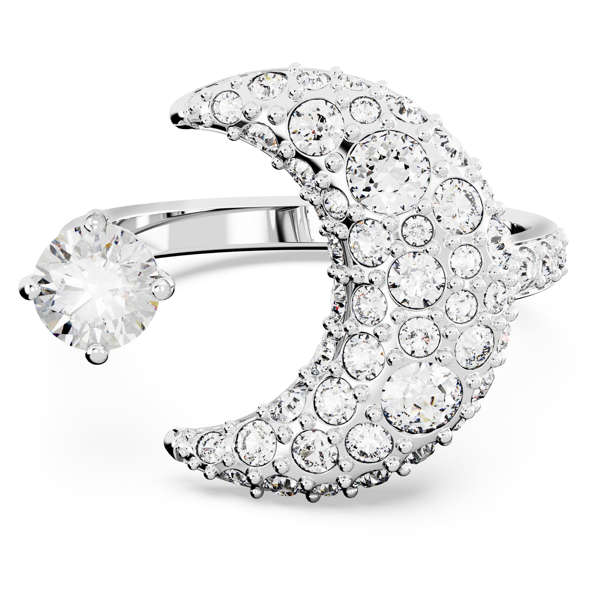 Luna Open Ring with White Crystals and Moon Motif in a Rhodium Plated Setting, from the Swarovski Luna Collection, Size 52
