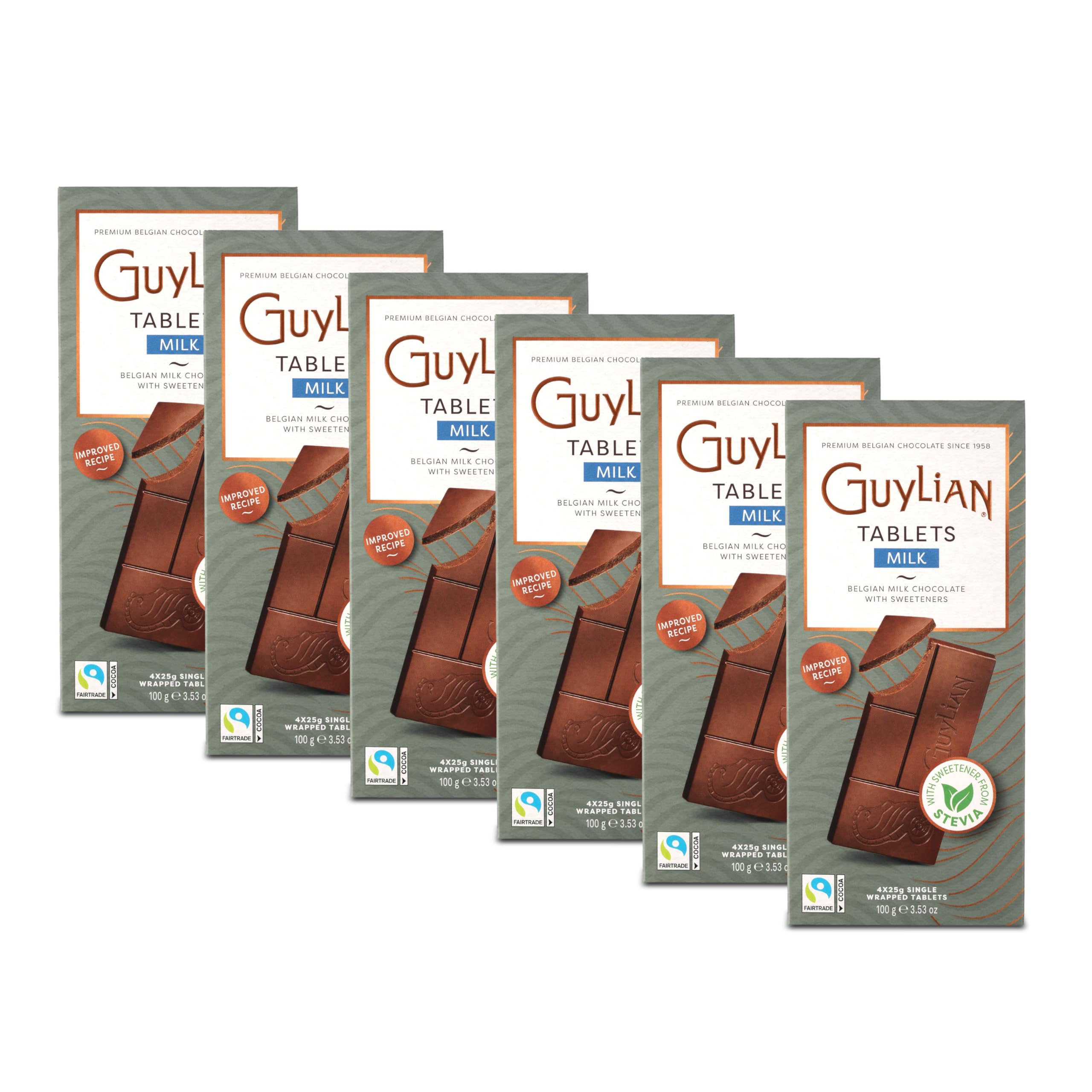 GuyLian Milk Chocolate Bars with Stevia 100g 6-Pack – Belgian Milk Chocolate Sweetened with Stevia – Sugar-Free Alternative, Fairtrade Certified, No Soy, No Gluten – christmas chocolate
