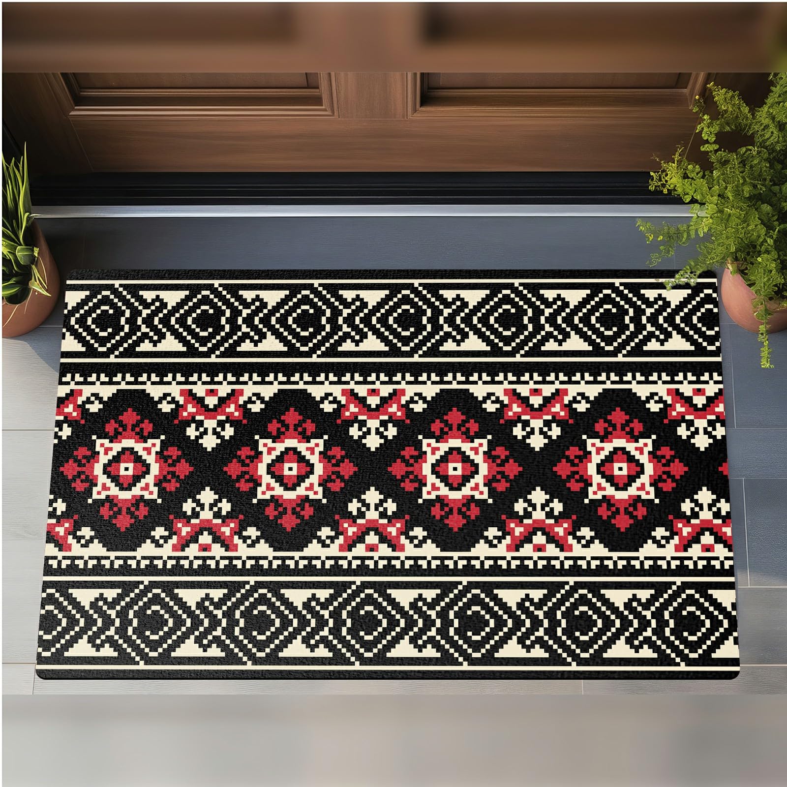 Front Door Mat Indoor Outdoor Rugs Washable Mat Heavy Duty Non Slip Rubber, Indian Geometry Soft Absorbs Water Dirt Trapping Mats for Home Garden