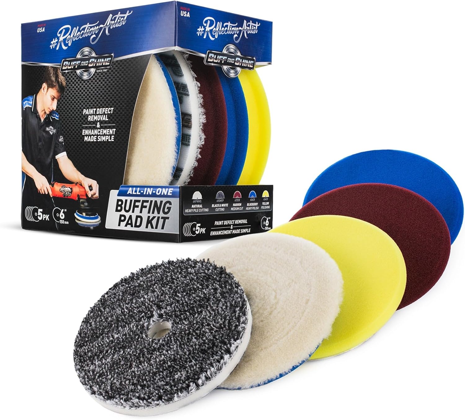 Buff and Shine - Reflection Artist Complete Buffing Kit V2 - Professional 5-Piece Paint Correction & Polishing Set - 6 Inch Pads
