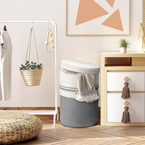 Miniatura 23 de Cesta de lavandería con tapa, cesta de lavandería tejida, manta y cesta de almacenamiento de juguetes para sala de estar, dormitorio, baño, Marrón