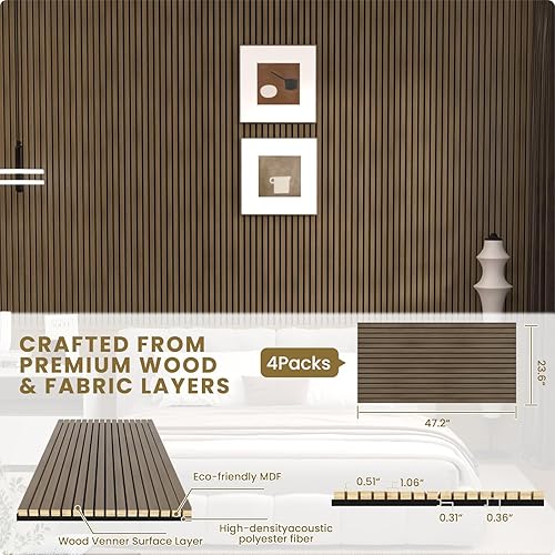 Miniatura 4 de Paquete de 4 paneles acústicos de madera para pared y techo (47.2 x 23.6 pulgadas), elegantes paneles de listones insonorizados con acabado de