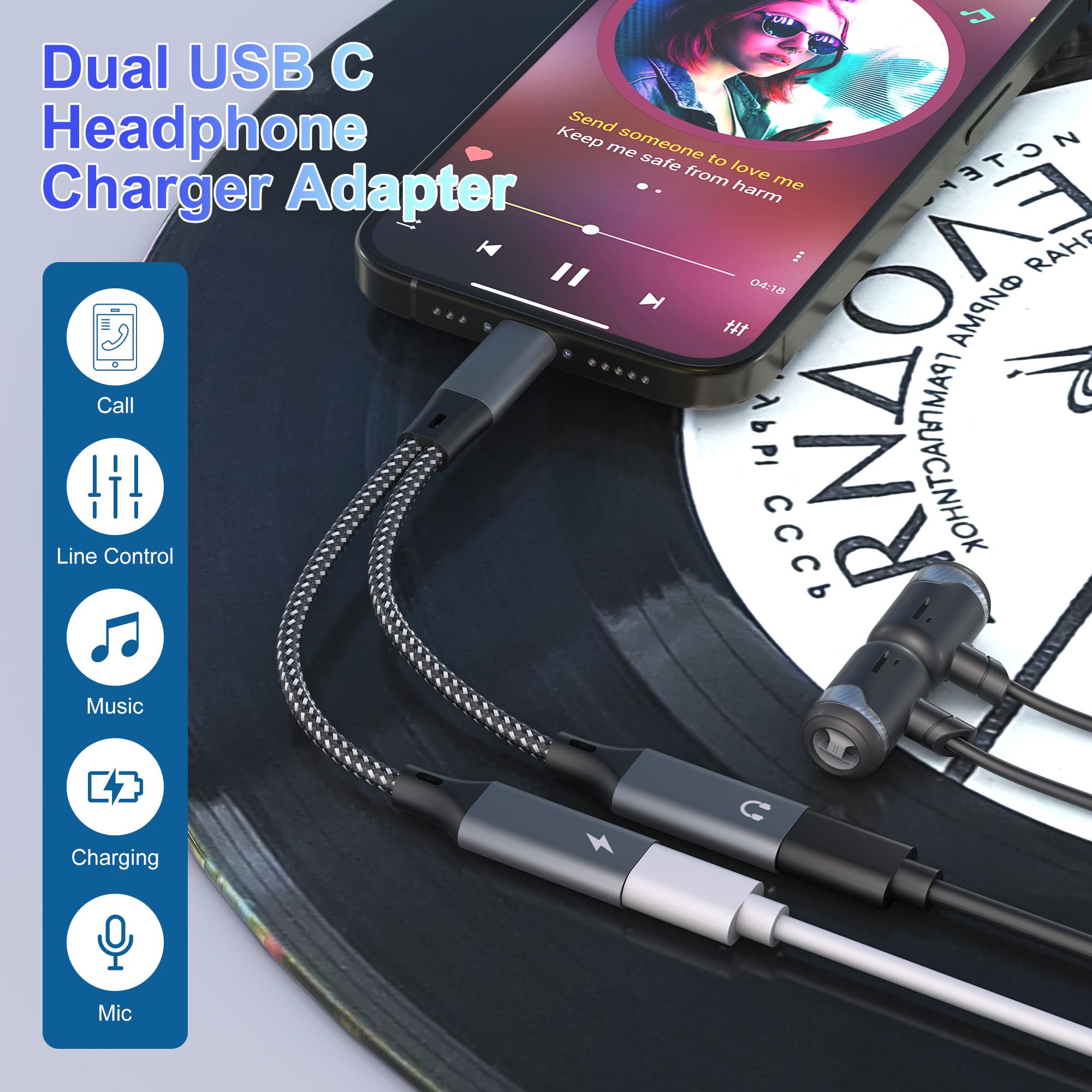 Dual USB-C Headphone and Charger Adapter - 2-in-1 USB-C Splitter with 60W Fast Charging and Audio for iPhone 16/15, iPad, Pixel, Huawei, Galaxy S23/S22