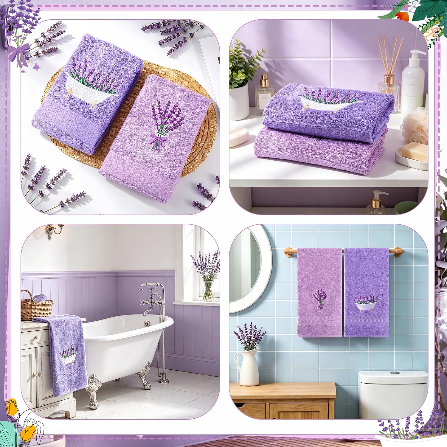 2 Pcs Lavender Hand Towels Purple Lavender Bath Towels Set