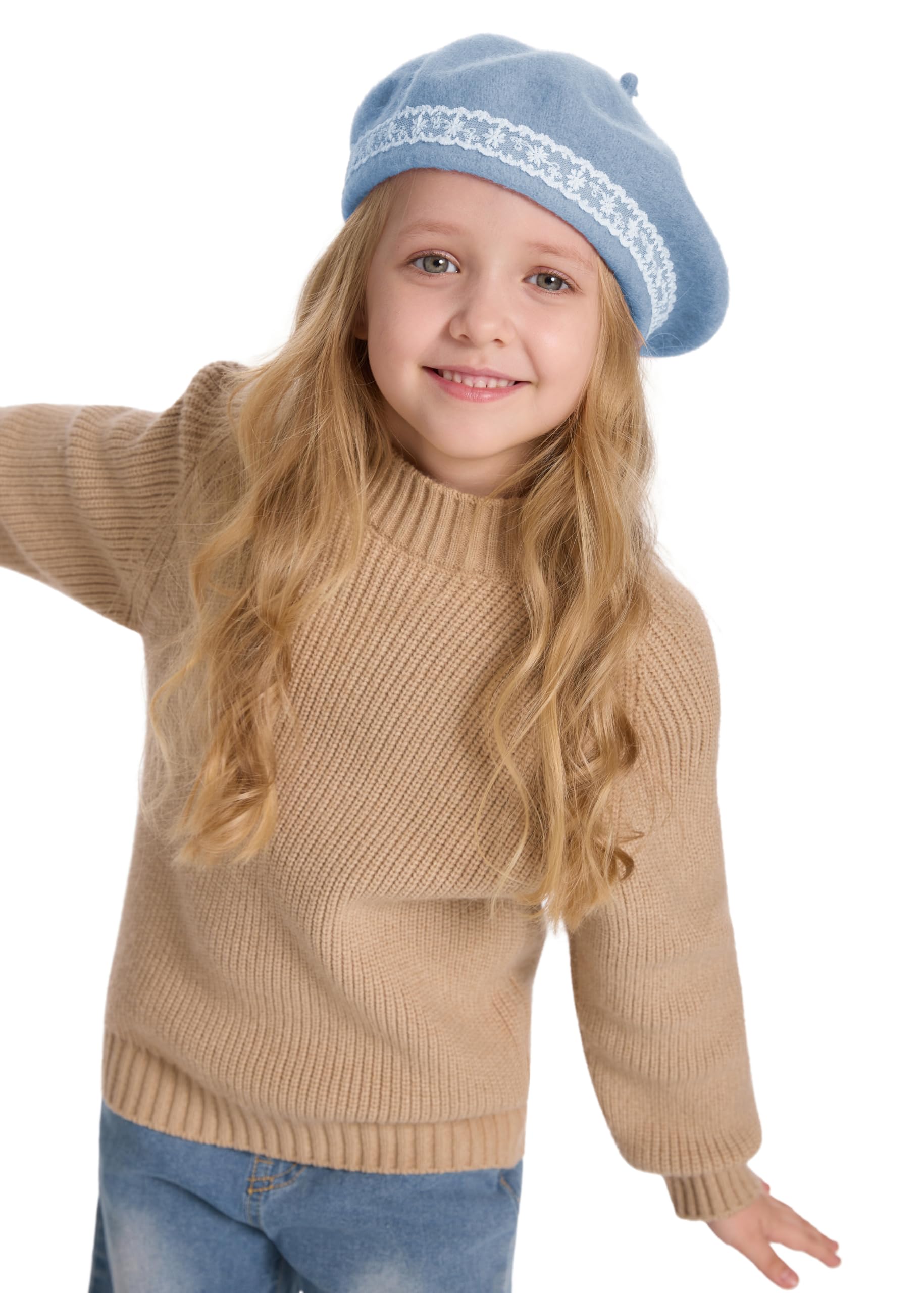 ZLYC Wool Kids Beret Hat Girls Solid Color Artist French Beret Cap(Lace Sky Blue),One Size - Image 3