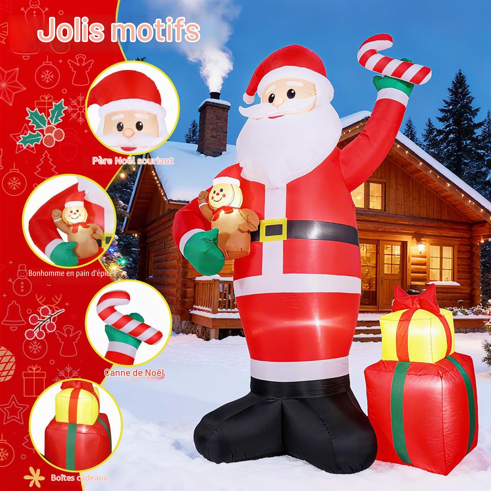 Quntis 244 CM Pere Noel Gonflable Exterieur avec LEDs Blanc Chaud, IP44 Pere Noel Gonflable, XXL Decoration Noel Exterieur Gonflable pour Intérieur Extérieur Jardin Pelouse Fête Christmas
