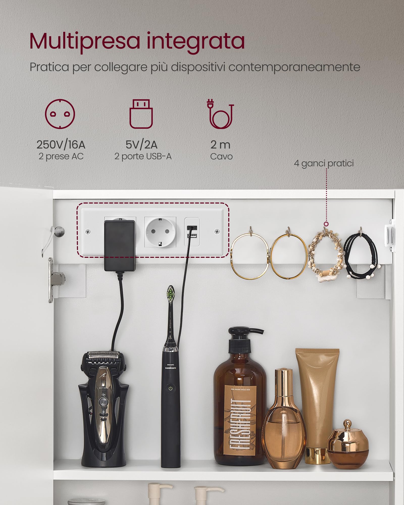 VASAGLE Kailyn Collezione - Armadietto a Specchio da Parete per Bagno con LED, Presa Multipla, Funzione Antiappannamento, Specchio Ingranditore 10x, Stile Moderno, 16,5 x 80 x 60 cm, Bianco BBK134W01