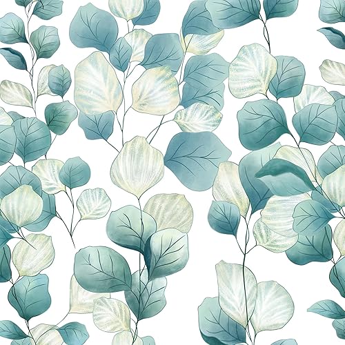Miniatura 10 de Vinjiasin Papel tapiz bohemio para despegar y pegar, papel de contacto de hojas azules, papel tapiz floral moderno, autoadhesivo, extraíble, papel