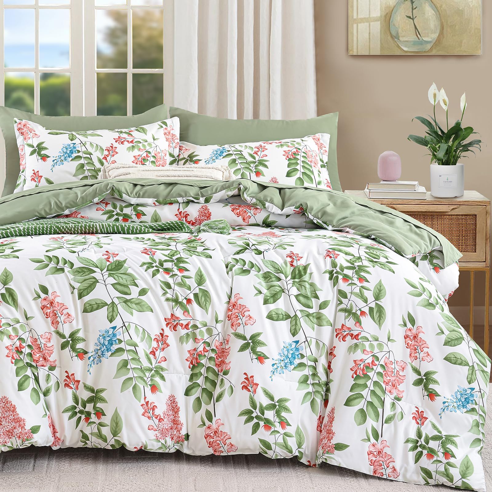 Green Comforter Set King Size Floral 7-Piece Bedding Set,Botanical Comforter Set with Pillowcases,Soft Microfiber Complete Bedding Sets for All Season