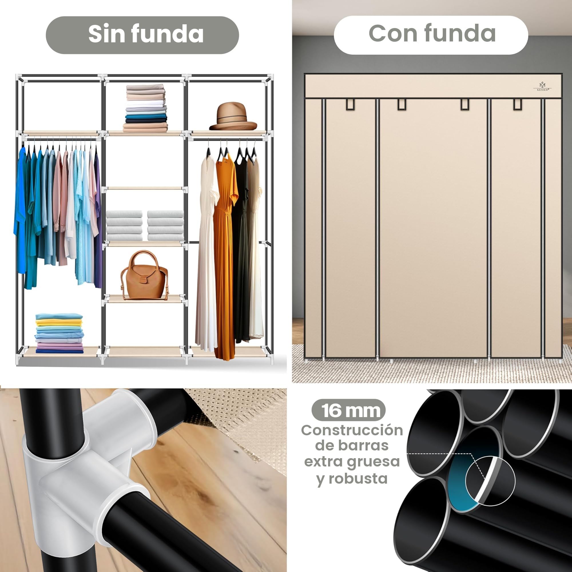 KESSER® Armario, Armario de Tela, Robusto con Barra de Colgar y estantes, Incl. 5 Perchas, Armario con Perchero, 150x45x175cm, Beige