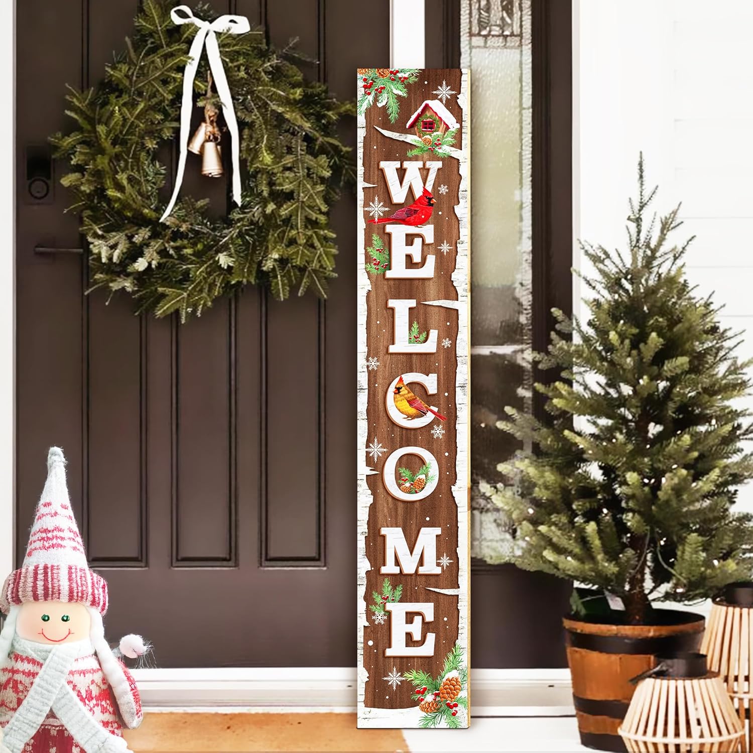 Winter Snow Welcome Porch Sign Decor Birch Tree with Cardinals Wooden Hanging Sign Standing Decorative Signs Plaques for Front Farmhouse Outdoor Indoor Welcome Sign Wall Xmas Winter Decor 47.2"H
