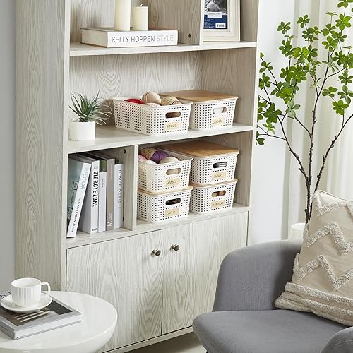 Miniatura 6 de Contenedores pequeños de plástico con tapas de bambú de 5.2 cuartos de galón, cesta apilable para despensa, contenedores decorativos lindos con