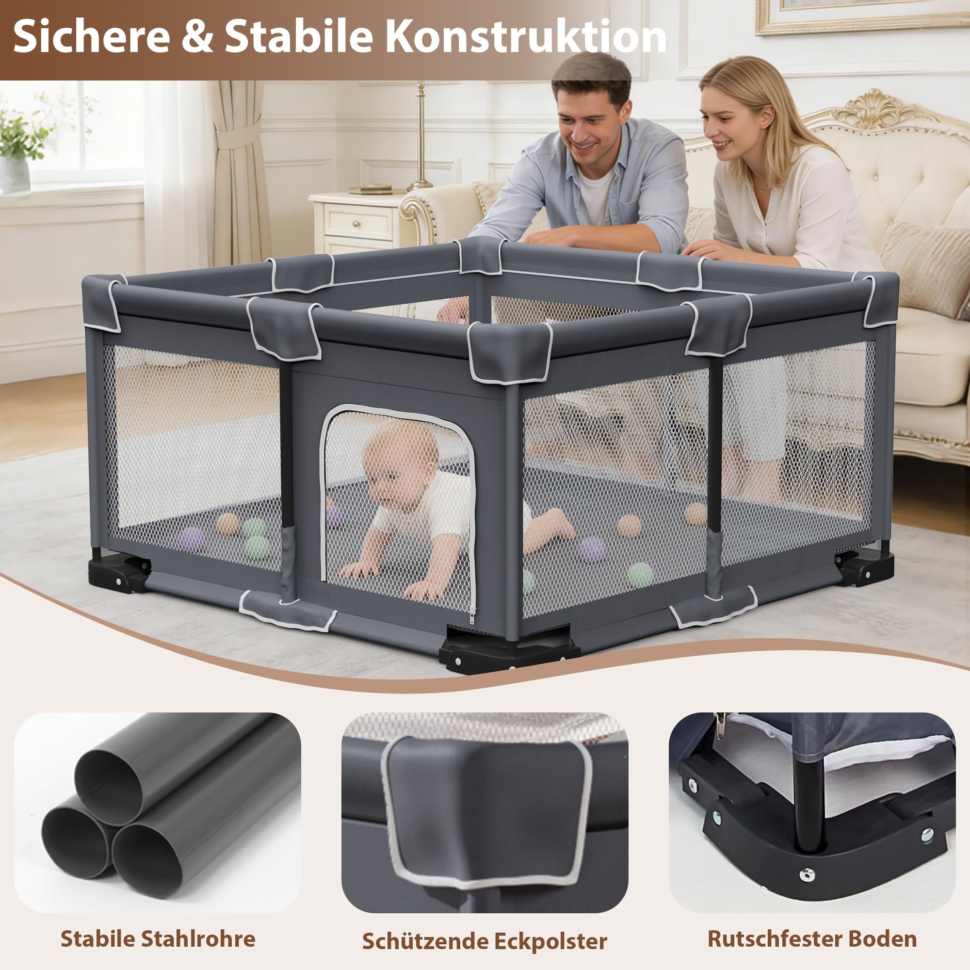 Laufstall Baby Faltbar mit Matte & Tragetasche, 124 × 124 cm Baby Laufgitter, Werkzeuglose Montage in 1 Minute, Sicherer Laufstall für Innen- & Außenbereich