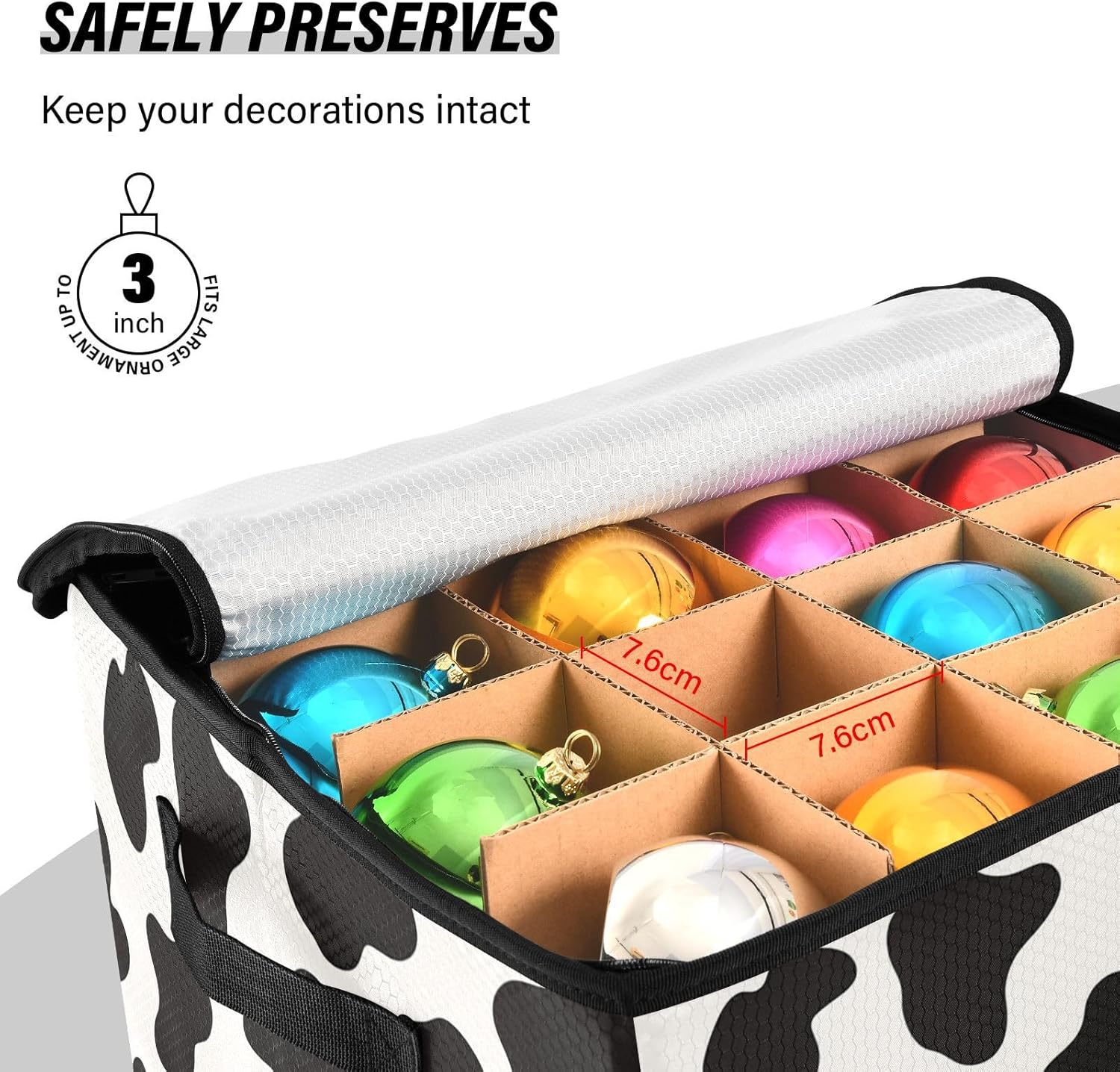 High Capacity Christmas ornament organizer Holds Up to 64, Adjustable Dividers, Zippered Top, Two Handles foldable Holiday Storage Case with Lid,Cow Print Black White
