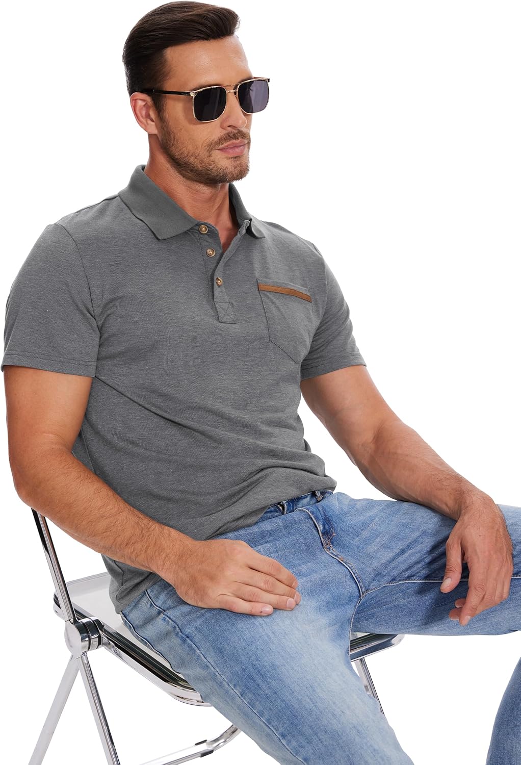 Men's Casual Polo Shirts Classic Button Basic Short Sleeve Shirt Solid Color Tees Golf Stylish Tops,Sizes S-4x Gray Blue X-Large image 4 of 5 B0CYLG1L3B