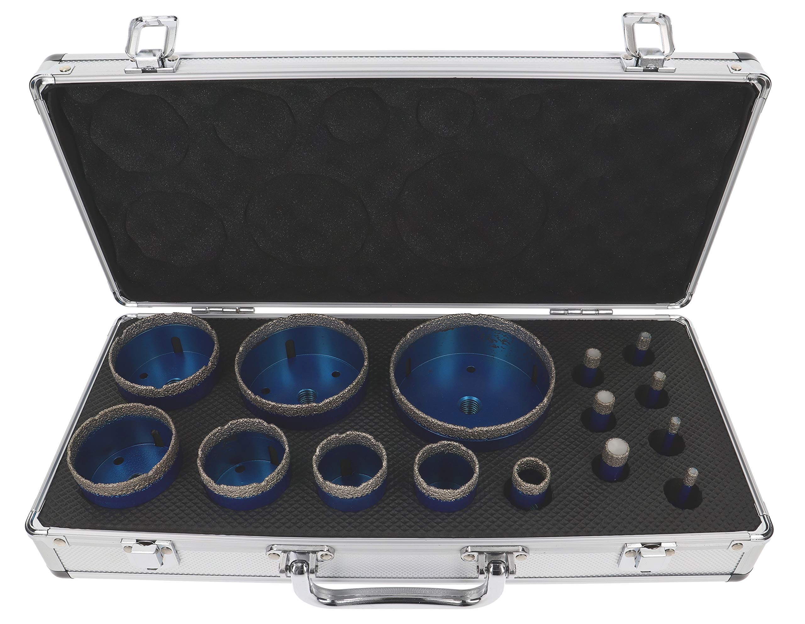 PRODIAMANT Zestaw wierteł diamentowych do płytek gresu suchego 15-częściowy 6 mm 8 mm 10 mm 12 mm 14 mm 20 mm 35 mm 40 mm 50 mm 60 mm 68 mm 82 mm 100 mm do szlifierek kątowych z walizką