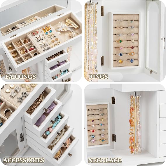 Jewellery Box for Women Girls, Rustic Wooden Large Jewellery Organiser Box with Mirror, 6 Layer Jewellery Storage Case Display for Necklaces Earrings Rings Bracelets (White)