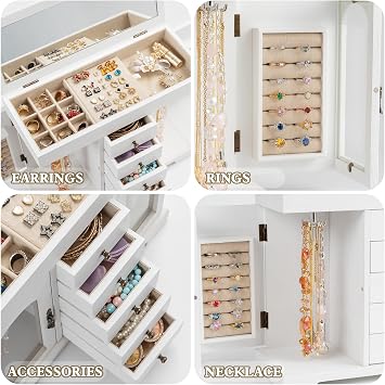 Jewellery Box for Women Girls, Rustic Wooden Large Jewellery Organiser Box with Mirror, 6 Layer Jewellery Storage Case Display for Necklaces Earrings Rings Bracelets (White)