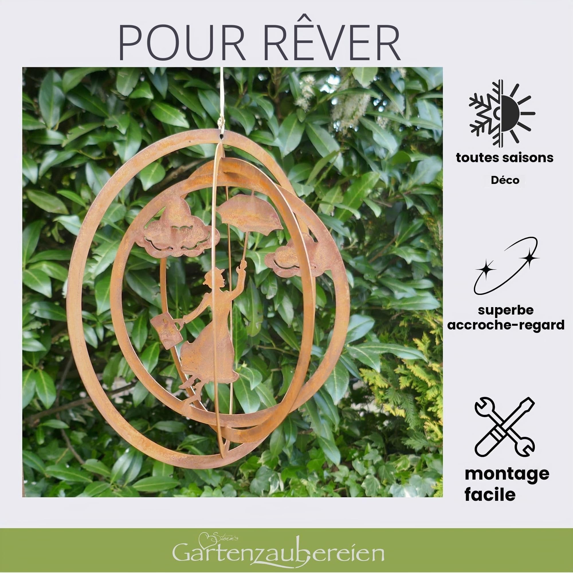 Carillon à vent flottant Mary - Décoration de jardin suspendue en métal aspect rouille - Diamètre 24 cm - Pour balcon et jardin