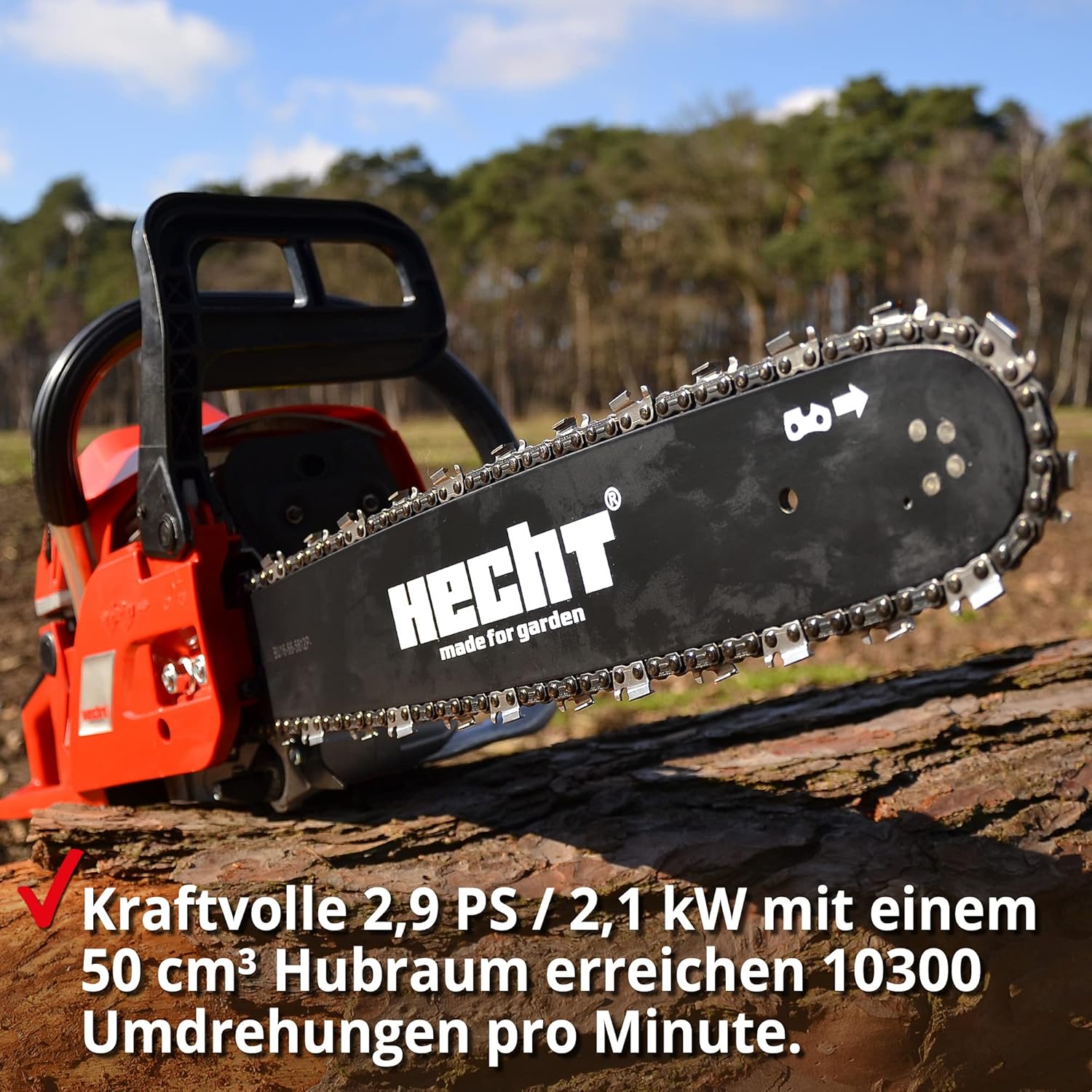 Chainsaw resting on a log, with text highlighting its powerful 2.9 HP / 2.1 kW engine and 50 cm³ displacement