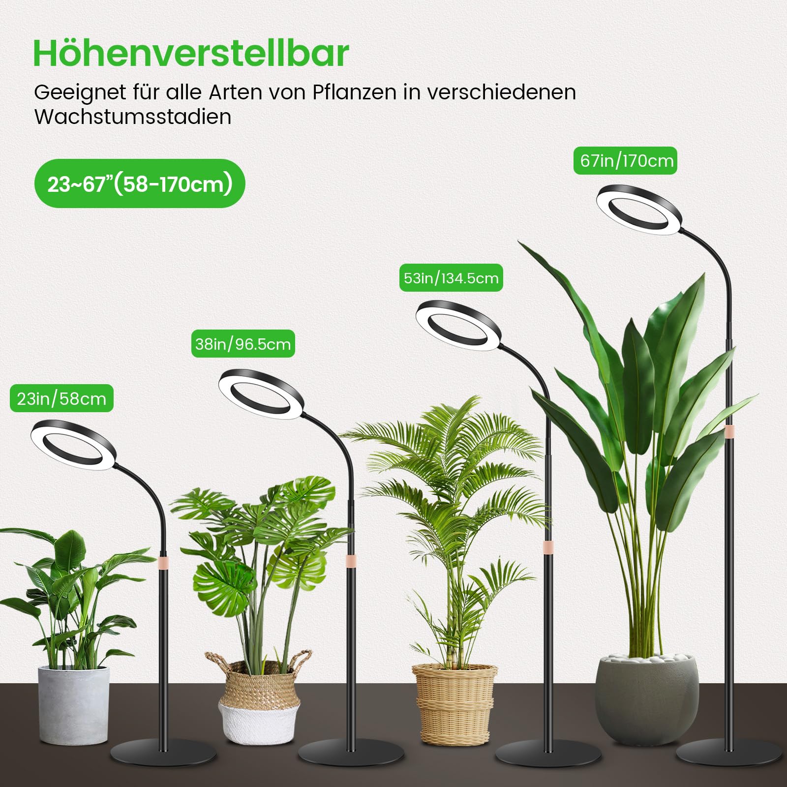Dhapy Pflanzenlampe LED Vollspektrum, Grow Lampe für Zimmerpflanzen, Grow Light mit Standfuß, 80 LEDs 3 Lichter Modi und 5 Helligkeit, Pflanzenlampe mit Timer 6/12/16H, 58cm~170cm Höhenverstellbar